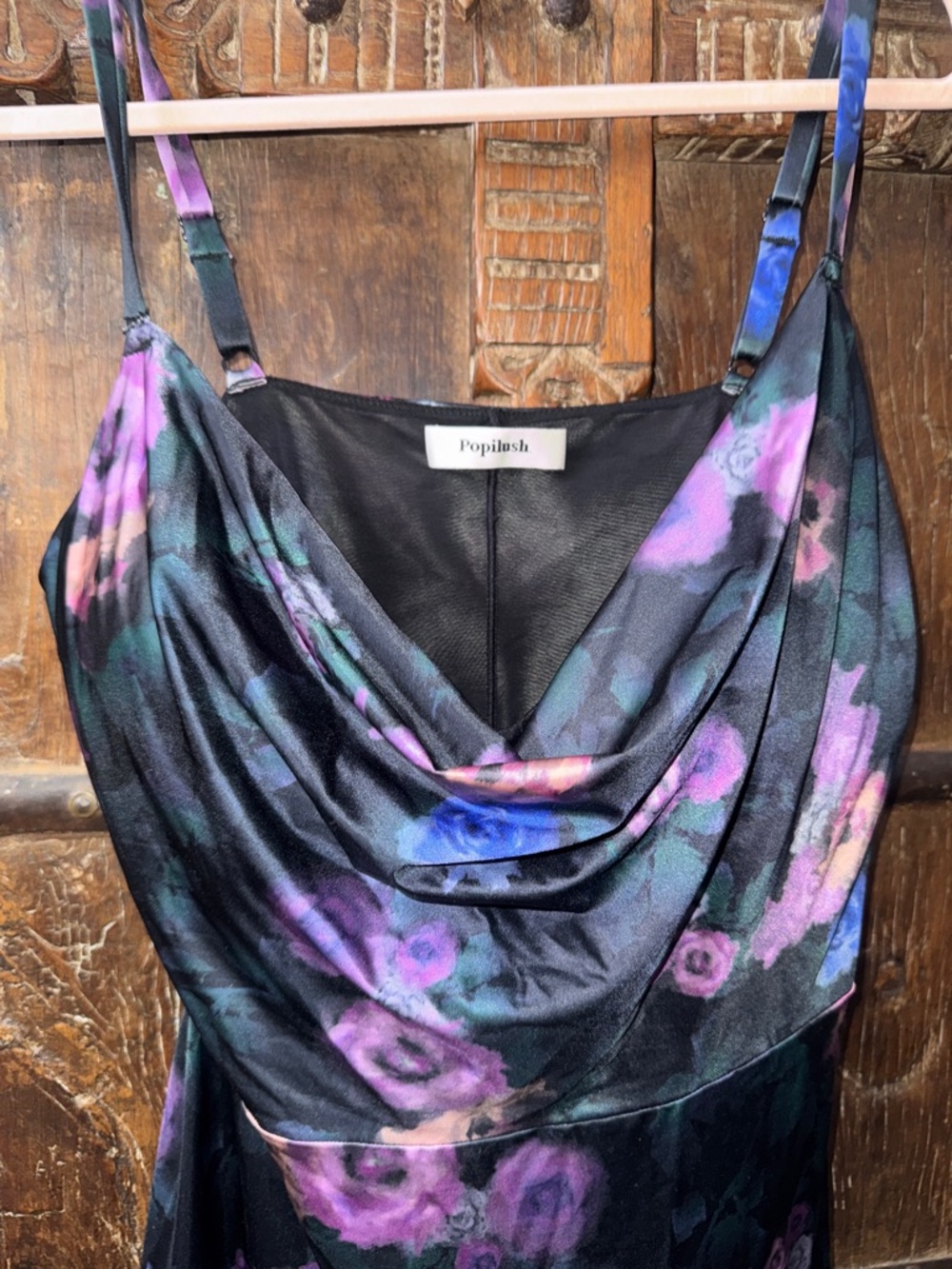 NWOT Popilush Floral Shapewear Dress 3X Black Satin Cowl Neck Bodycon - Picture 4 of 4
